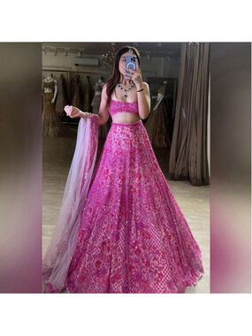 Rose Pink Net Sequins embroidered Flared Style Lehenga Choli